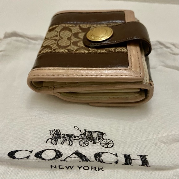 Coach Brown Mono Canvas-Beige- BrownLeather Trifold Compact Wallet with Dust Bag - Picture 12 of 12